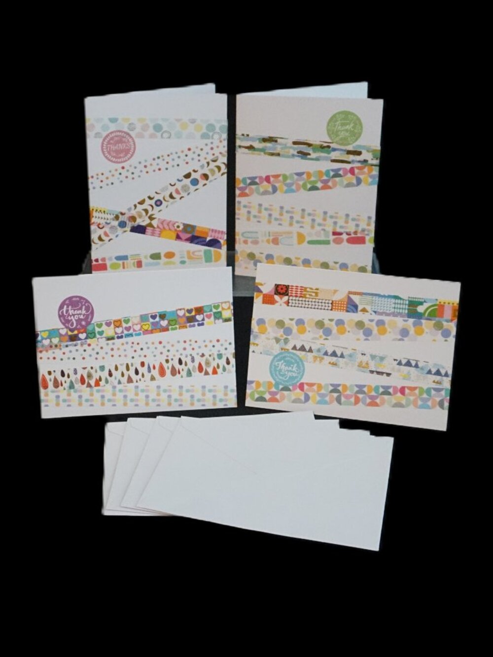 4 Thank You Handmade White Note Cards Washi Tape w/ Round Thank You Stickers
